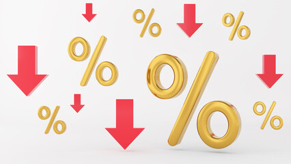 Icons for decreasing loan rates, interest rates, and the gold percentage ,3d rendering