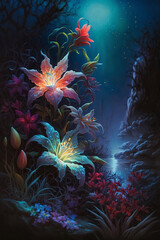 Fototapeta na wymiar fantasy landscape with magical flowers in moonlight