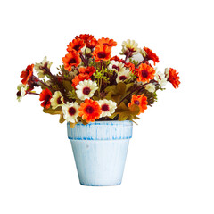 Beautiful artificial flowers in pot isolated on blank background