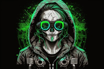 A trendy cyberpunk female in a black leather hoodie, safety goggles with green cables. Sci fi human skull with a colorful cross drawn in the pupils. Generative AI