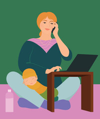 Woman with sleeping baby on lap working on laptop and holding phone to ear. Balancing career and motherhood illustration.