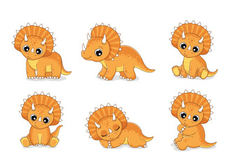 Clipart set of cute baby dinosaurs.Triceraptor in various poses. Vector illustration in cartoon style.