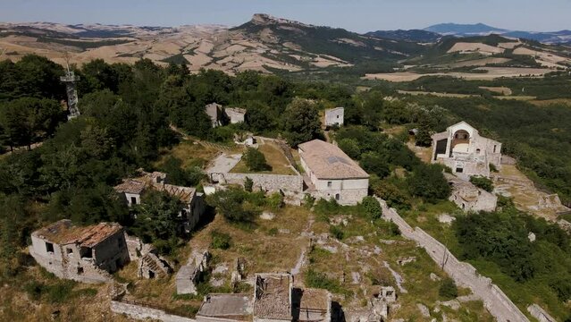 Aerial view of Conza della Campania old town destroyed by the earthquake, Avellino, Italy.