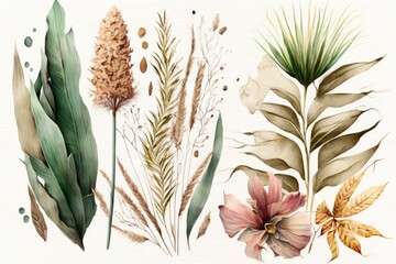 A watercolor painting of withered flowers. Wildflowers, palm leaves, and pampas grass. Generative AI