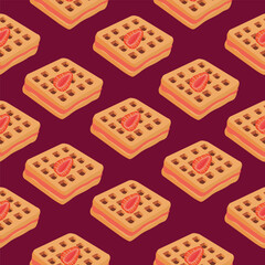 Seamless pattern. Waffles with strawberry filling. Vector illustration of waffles, pastries for breakfast, sweet snacks