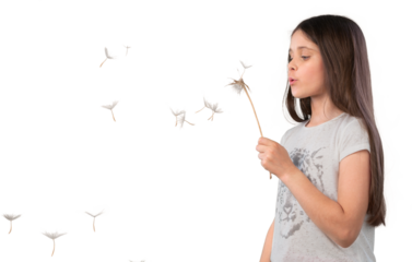 Cute Little Girl blowing dandelion on white background