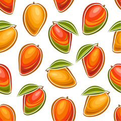 Vector Mango Seamless Pattern, square repeating background with cut out illustration of ripe mango with green leaves for wrapping paper, group of flat lay juicy yummy mango fruits for home interior