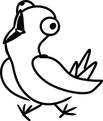 Vector drawing of screaming funny silly bird. Contour, silhouette, black and white. Cartoon style, hand drawn, doodle, flat, isolated. Scream, animal, bizarre, strange, stupid, birds.