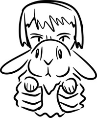 Vector drawing of a boy, which holding a rabbit, bunny. contour, silhouette , black and white, hand drawn, isolated, cartoon style. cute, nice, funny, paws, silly, ears, hands, sketch