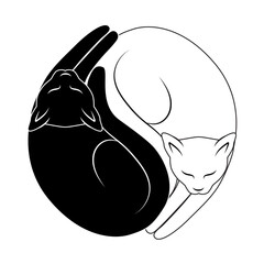 Vector illustration of couple cats black and white colors. Love story cats Yin Yang Cats. Simple and cute black and white cats in yinyang shape logo yoga garmony