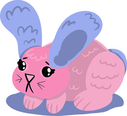 Vector drawing of a pink rabbit, with blue ears and tail.Hand drawn, cartoon style, doodle, flat. For Easter, holiday, Easter bunny, spring.Cute, cheerful, silly, beady eyes, happy, little, child,kid.