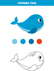 Color cute cartoon blue whale. Worksheet for kids.