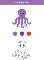 Color cute purple octopus. Worksheet for kids.