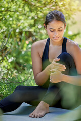 Fitness. exercise and a woman outdoor with leg pain or injury after yoga workout or training....