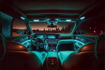 luxury car interior with cool LED lights and technical devices