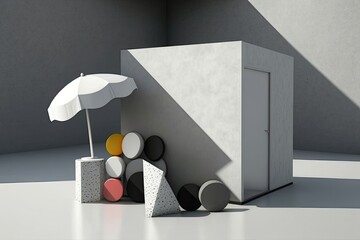 Reduced visual clutter to better showcase cosmetics and products. Sunshade on a grey concrete wall with a stone podium in front of it. illustration. Generative AI