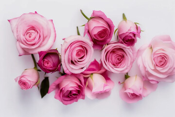 Pink Rose Background - A field of roses in various shades of pink on a white background - Generative AI technology