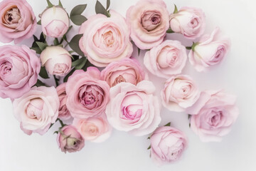 Obraz na płótnie Canvas Pink Rose Background - A field of roses in various shades of pink on a white background - Generative AI technology