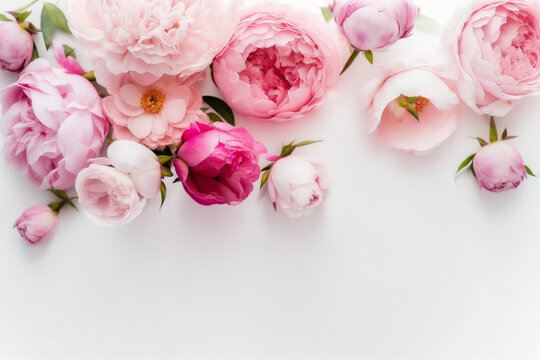 Pink Peony Background - An array of peonies in varying shades of pink against a white background - Generative AI technology