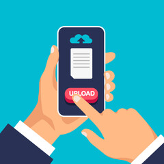 Uploading and transfer files. Cloud storage. Download process. Man click to the document icon on the smartphone display. Vector illustration.	