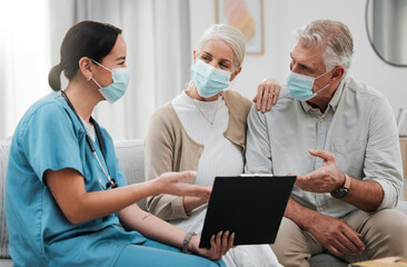 Checklist, old couple or nurse in consultation for covid in hospital about medical test news or results. Face masks, coronavirus or doctor consulting in healthcare clinic nursing sick elderly people