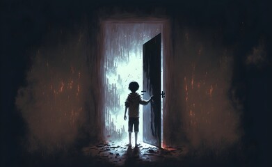 child standing in a dark place and opening a door lit from within, digital art style, illustration painting, Generative AI