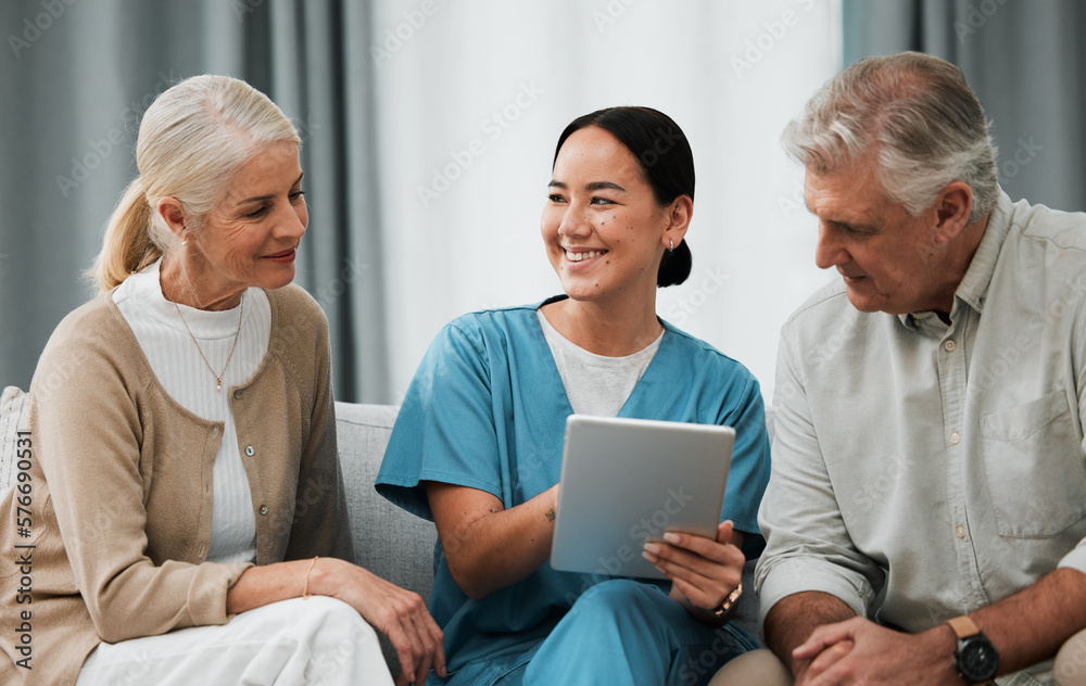 Wall mural asian nurse, elderly man and woman with tablet for consulting, healthcare or report for medical help