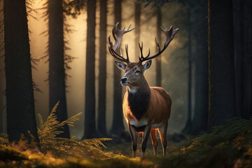 Noble horned deer in the forest at dawn. Photorealistic illustration generated by AI.	