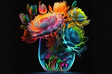 Neon bouquet of flowers in a vase for a holiday. On a black background.