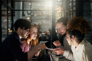 Tablet, night and team of business people with digital collaboration, brainstorming ideas and startup project planning. Creative design worker, employees or young group discussion together in office