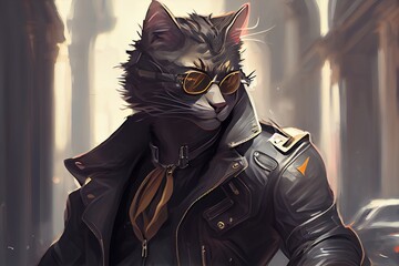 Fototapeta premium A Handsome Macho Tomcat Dressed In A Stylish Classic MenS Black Leather Jacket And Black Fancy Sunglasses. Poses On The Street. Illustration. Creative Digital Painting. Generative AI