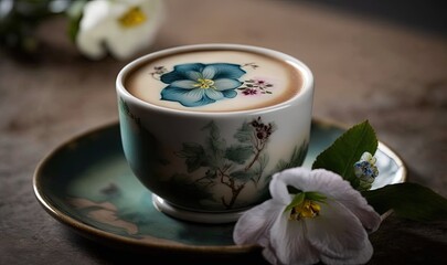 Fototapeta na wymiar a cup of coffee with a flower on a saucer. generative ai
