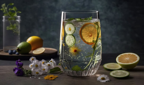  a glass of water with lemons, cucumbers, and flowers.  generative ai