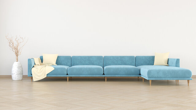 Living room interior mockup with blue sofa with pillows and wooden floor with empty wall background. 3D render