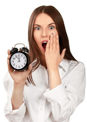 Alarm clock clock time shocked woman isolated late