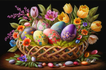 Obraz na płótnie Canvas Colorful Easter Eggs and Bunnies Perfect for Easter AI Generated