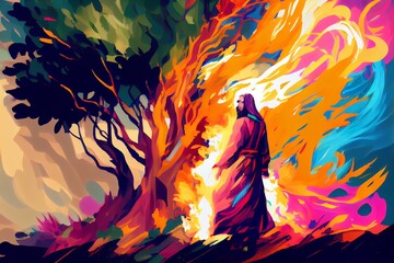 Abstract Art. Colorful Painting Art Of The Biblical Moses And The Burning Bush. Christian Illustration. Generative AI