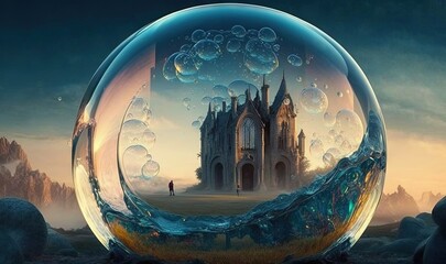  a painting of a castle in a bubble with a man standing in the background.  generative ai