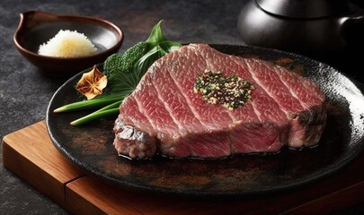  a piece of steak on a plate with a side of green beans.  generative ai