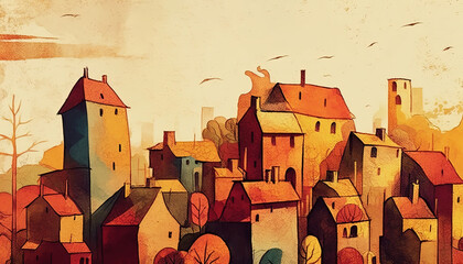 Abstract City Autumn - Watercolor - Generative AI Art