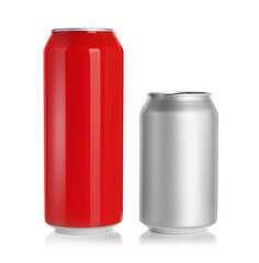 Aluminum cans with drinks on white background