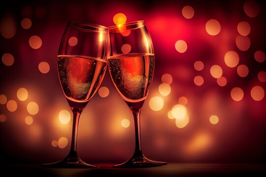 Champagne Toast For The Saint ValentineS Romantic Dinner Or Wedding , Two Glasses, Shiny Red Bokeh Background, Copy Text Space. Generative AI
