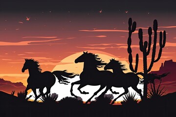 Wild horses gallop through the desert at dusk. Generative AI