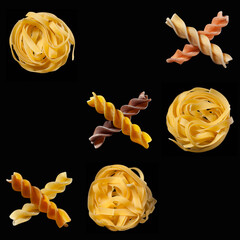 Fusilli and tagliatelle tic-tac-toe, noughts and crosses, corkscrew-shaped pasta, Italian food, isolated on black background, x-shape