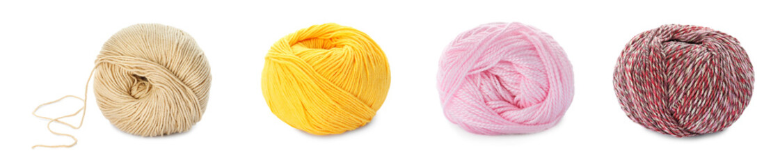 Collage with colorful yarns on white background