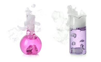 Laboratory flask and beaker with colorful liquids on white background. Chemical reaction