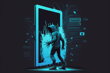 Illustration of a hacker attempting to break into a digital system, but being stopped by warning message on the screen. Generative AI