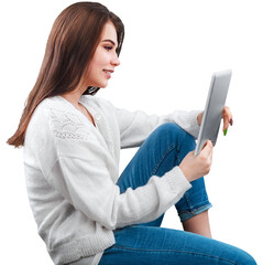 Pretty young female writing text on a modern smartphone