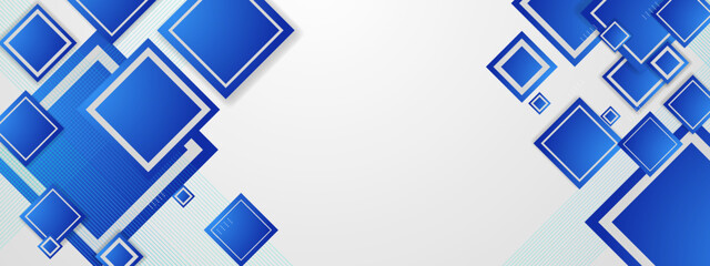 Abstract blue and white banner background with square and lines