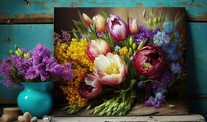  a painting of a bouquet of flowers on a shelf next to a blue vase.  generative ai